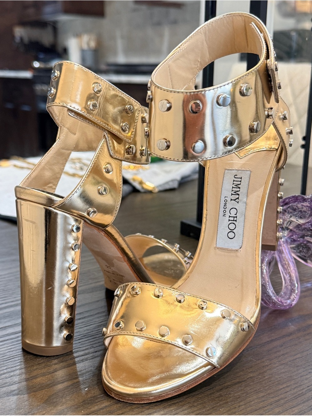 Jimmy Choo Metallic Gold Studded Leather Veto Ankle Strap Open Toe Sandals 38